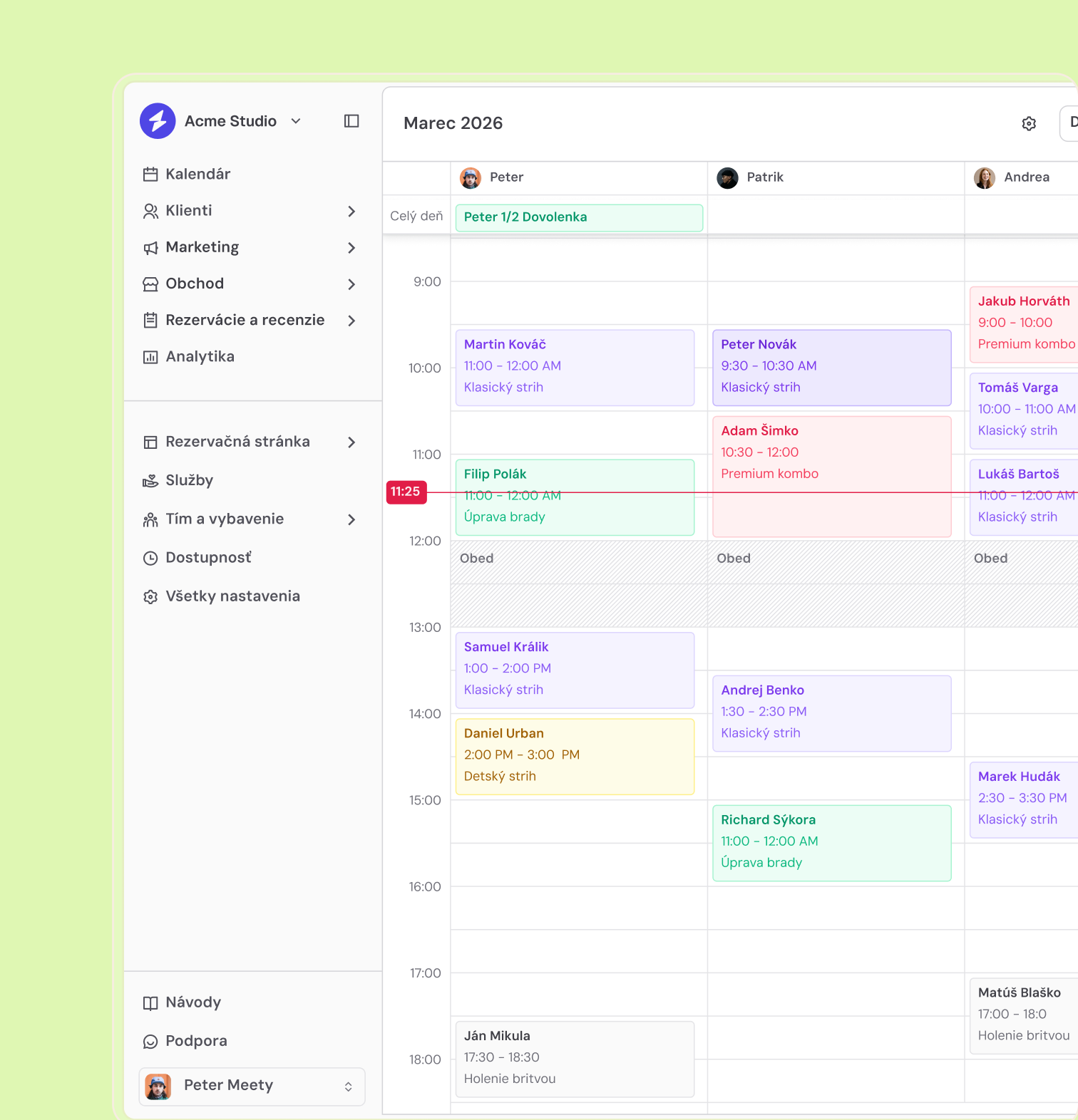 Kalendár Meety s denným pohľadom na termíny tímu