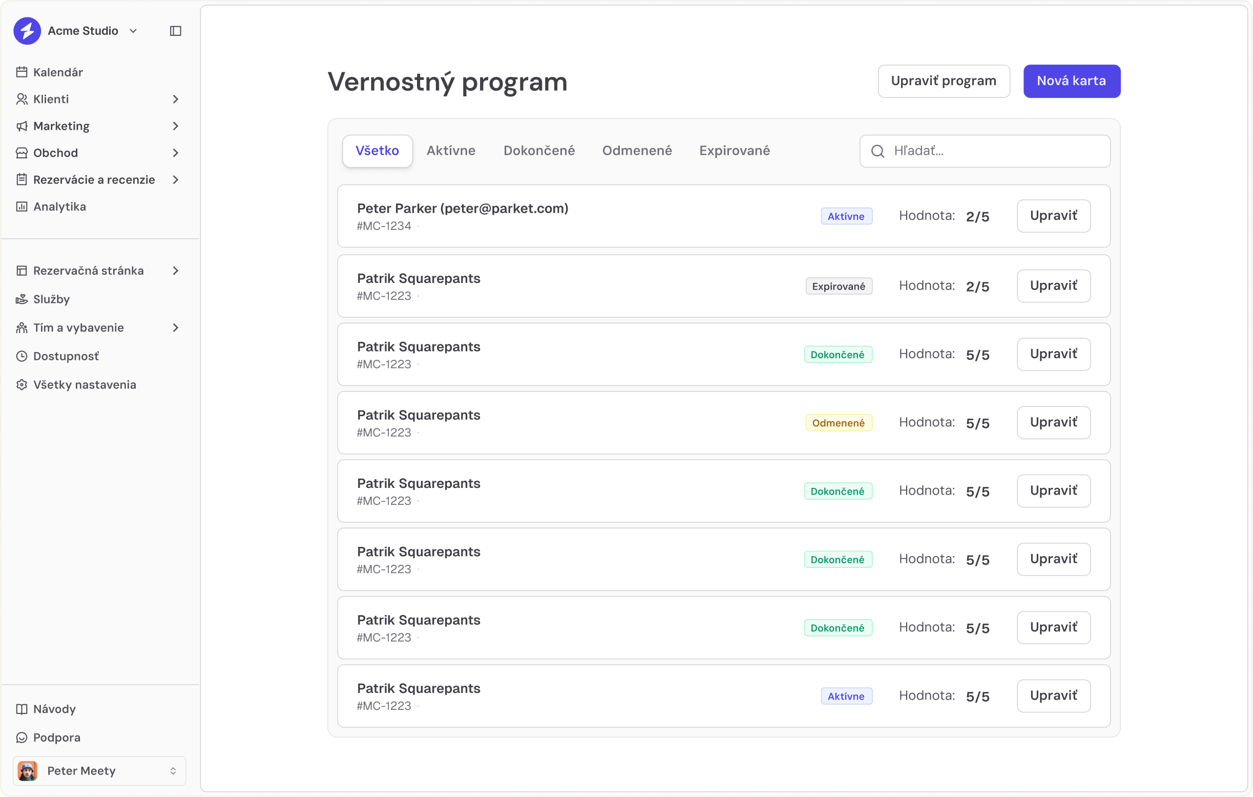 Ukážka kalendára a rezervačnej stránky Meety