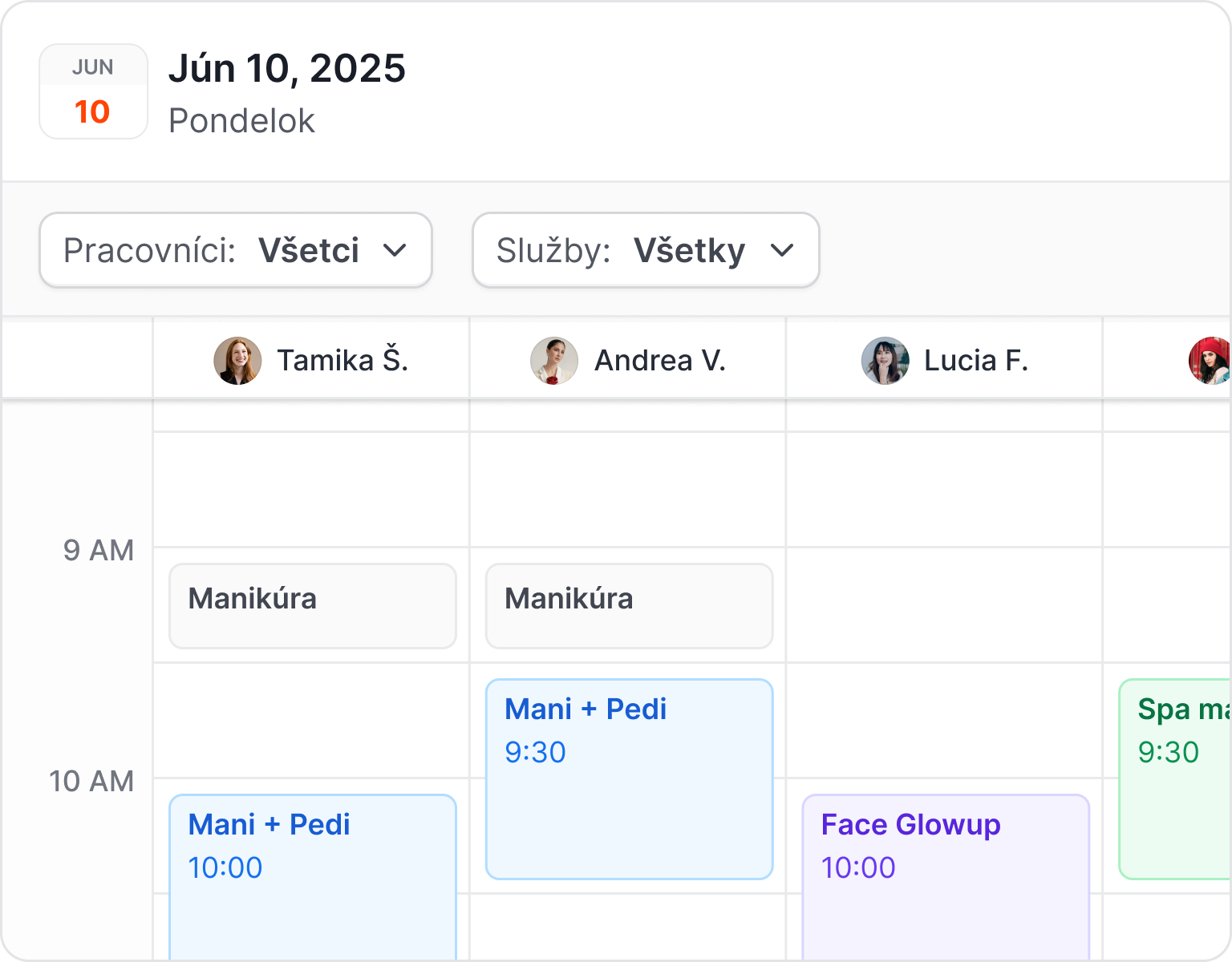 Kalendár s rozvrhom kozmetičiek a dostupnými termínmi