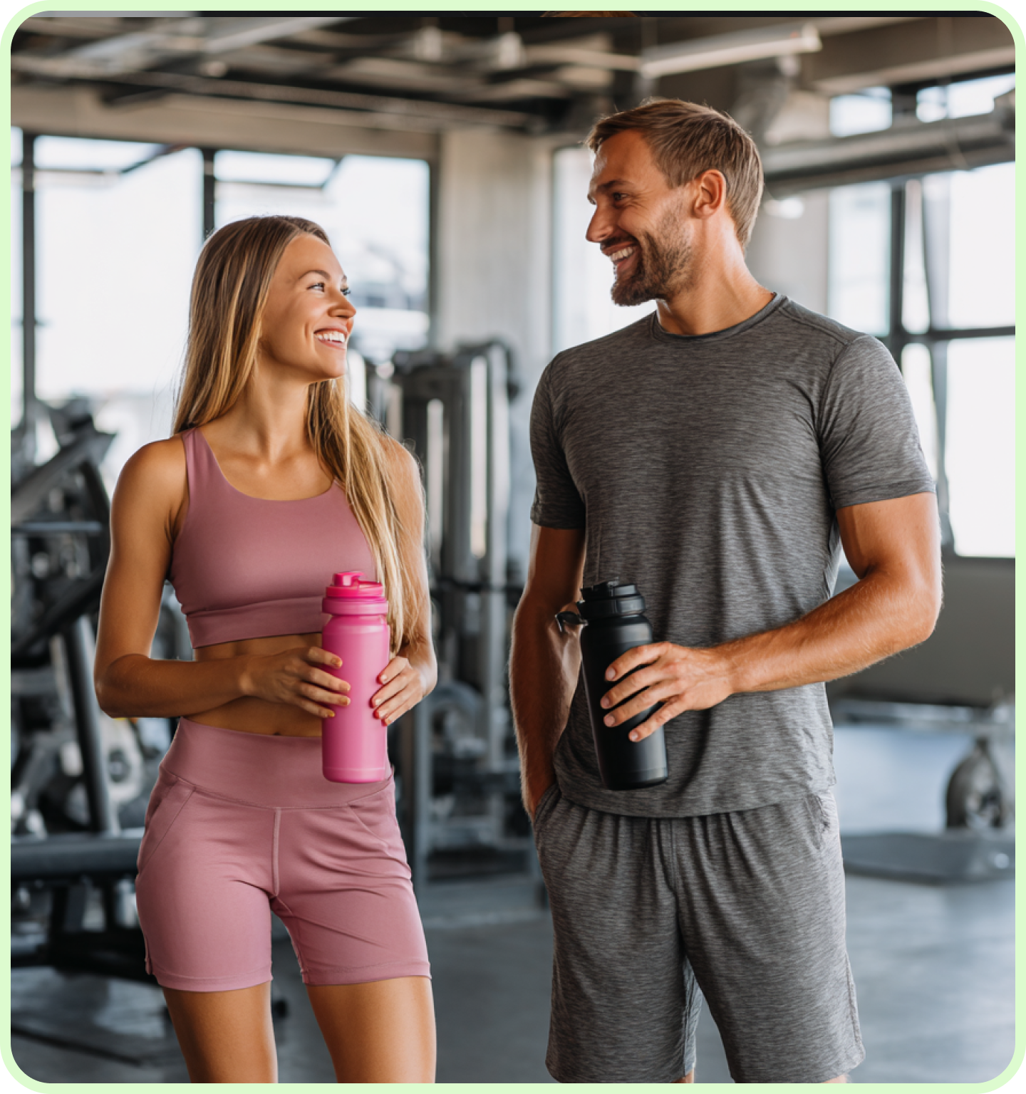 Profesionálny tréner a trénerka v posilňovni s fitness strojmi a tréningovým priestorom