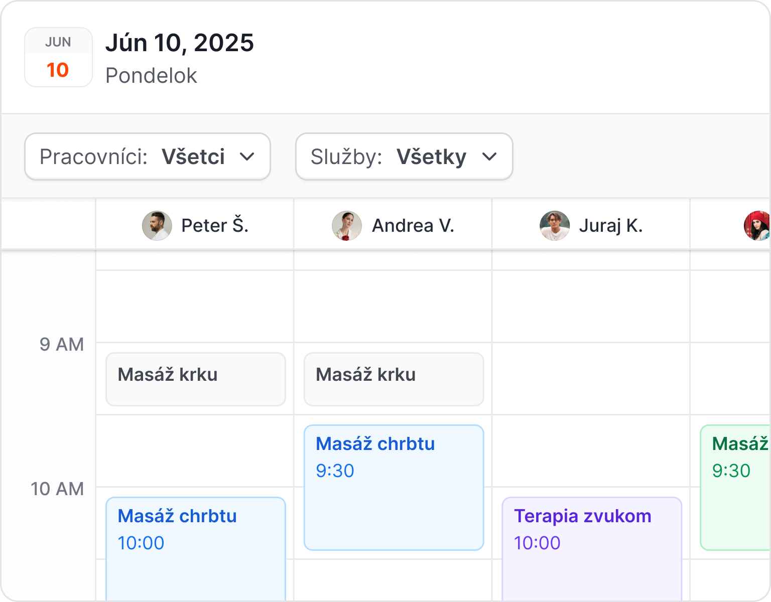 Kalendár s rozvrhom masérov a dostupnými termínmi