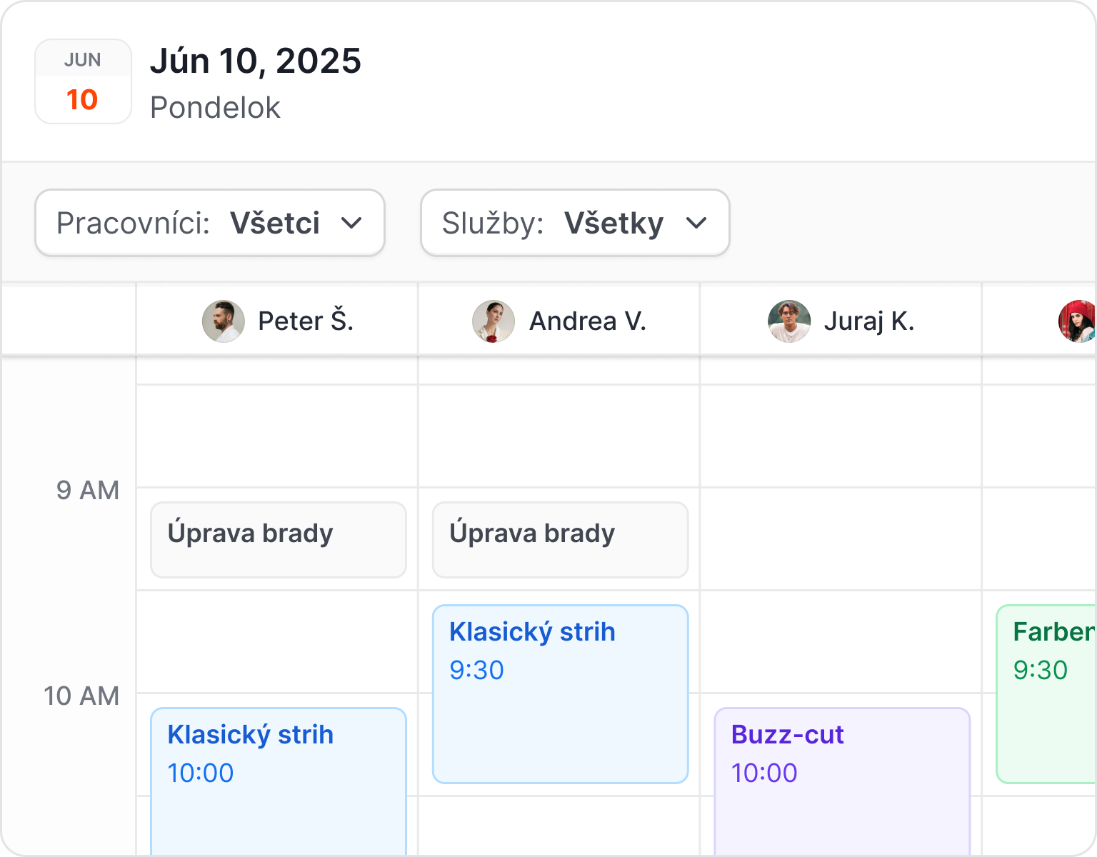 Kalendár s rozvrhom kaderníkov a dostupnými termínmi